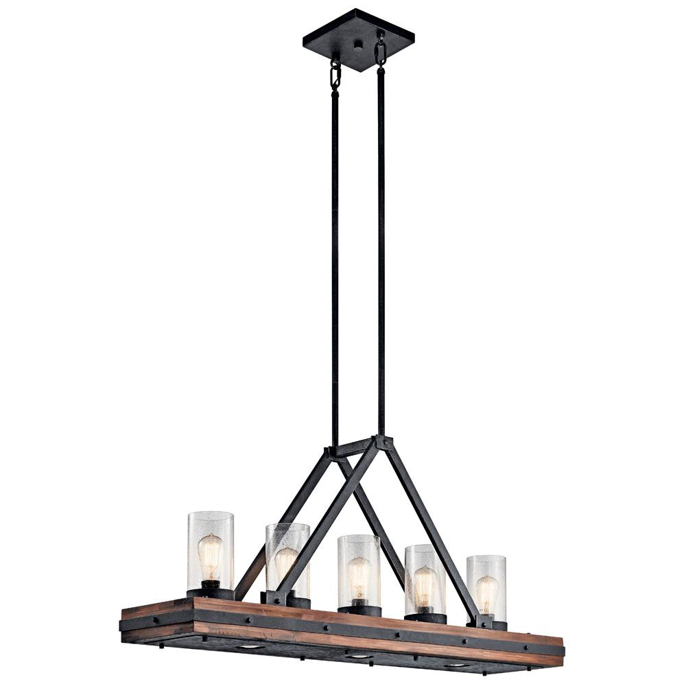 Kichler 43491AUB Colerne 46.5" 8 Light Linear Chandelier Clear Seeded Glass  Auburn Stained™ in Auburn Stained™ Wood and Distressed Black Metal finish with clear seeded glass